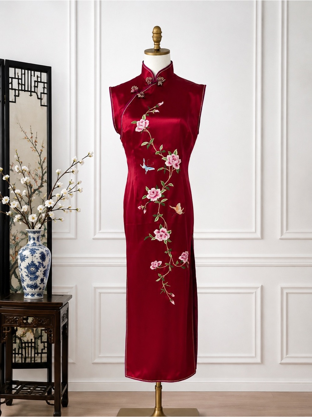 NWT Vintage 2000s Xue Lang Silk Qipao Cheongsam Dress Red Embroidered Sz L